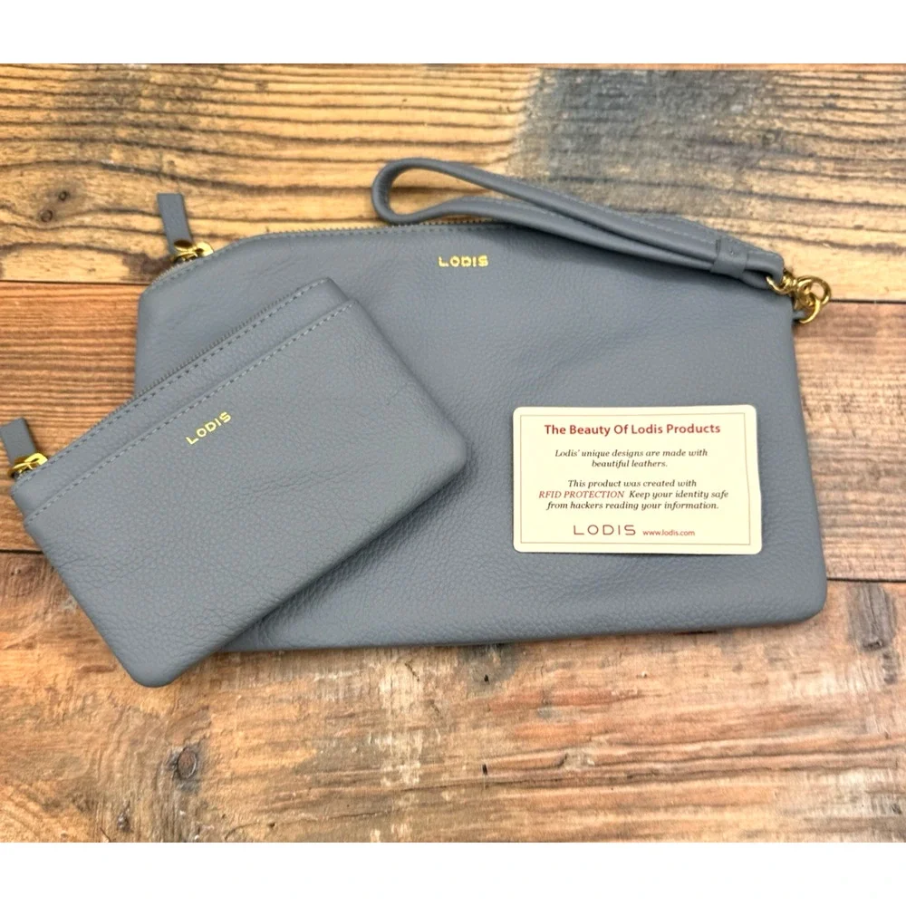 2 Pc Set Lodis Italian Leather Dustin Eiffel‎ Wristlet & Wallet RFID Powder Blue